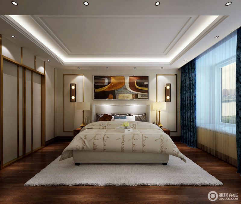 卧室从墙面的矩形面和矩形壁灯而始，实木边柜和纤细的台灯也以对称陈列的方式来体现空间的现代温和；抽象的几何艺术画以色彩的多元化与浅色床品、白色地毯形成对比，令卧室愈显独特。