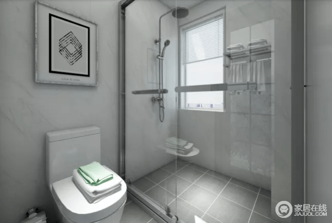 卫生间以白色与浅灰色地砖搭配，强调利落和整洁；玻璃淋浴间解决了干湿的问题，让生活既舒适，又便于打理。