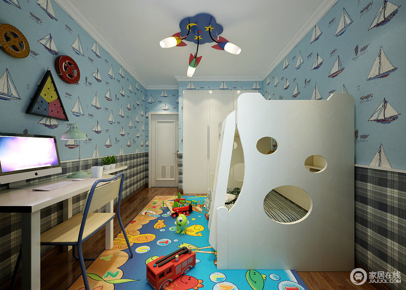 丰富的图案和色彩，有助于帮助儿童对于世界的认知。儿童房利用墙纸的拼接铺陈，加上配饰的点缀，衣柜与床具的白色使用，空间显得朝气蓬勃、童趣无限。