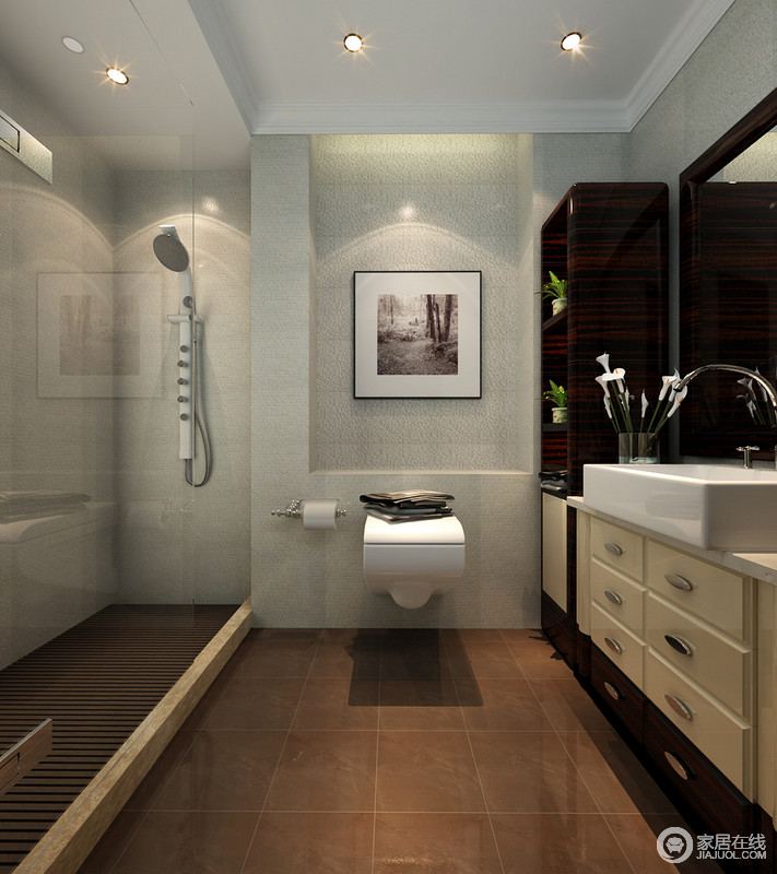 卫浴间设计十分紧凑，因空间布局的原因，设计师将盥洗台和淋浴区相对而置，干湿分区明显；利用白色立面与大地色的地面形成对比，艺术画恰当地将艺术气息蔓延在空间，更显雅致。