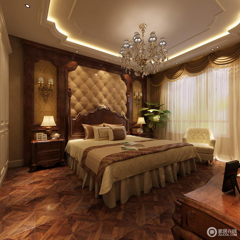 驼色与棕褐色的搭配，使卧室洋溢着安和静谧。天花顶与床头护墙板造型保持一致，雕花曲线床头为背景平添一抹魅力感。地板的拼花图案，丰富了暗色系的空间视觉。
