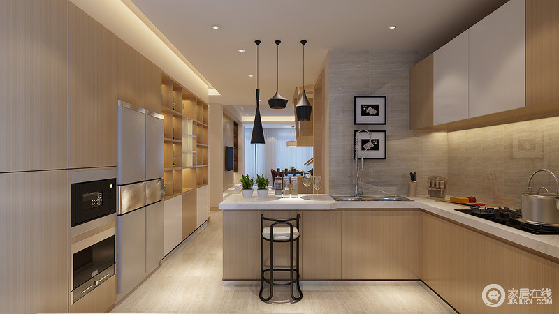 半开放式的厨房以实木储物柜，将餐厨具隐形收纳，保证空间上的实用规整、清爽整洁；米灰色大理石基底铺设，材质上的冷暖交融，令空间的格调简约舒适。