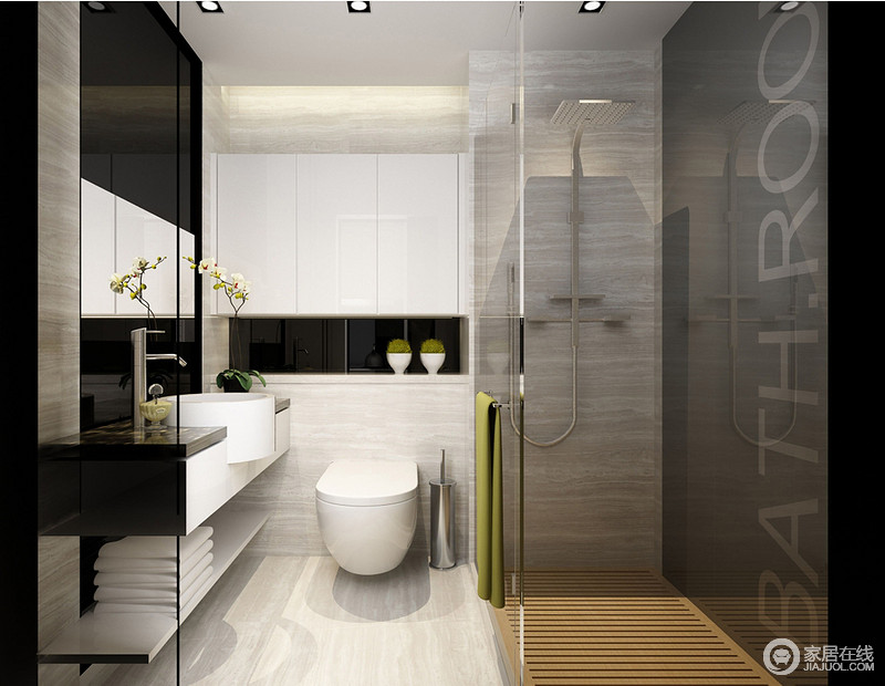 木纹地砖与黑白相间的盥洗台形成现代简约之调，玻璃围筑起淋浴区，为了增加防滑性特地选用木质地板。