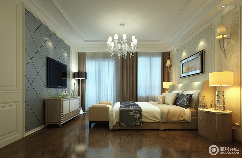 土褐色的窗帘与纱幔将自然光线洒进家中，充满柔和的暖意。而绒软的床给予一个优质的睡眠体验。