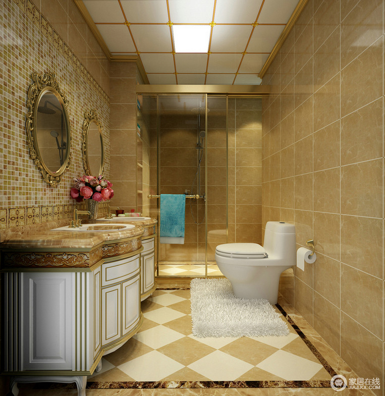 旧式仿古砖带来老成和稳重，欧式盥洗台泛着浓重的复古气息；金色边框镜子是精妙的家居产品之一，闪耀着光芒，令整个卫浴间充满光气。