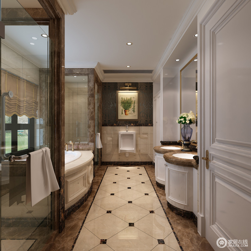 卫浴间主要由大地色的大理石和乳白色瓷砖构筑而成，盥洗台采用圆形，令空间妙趣十足。