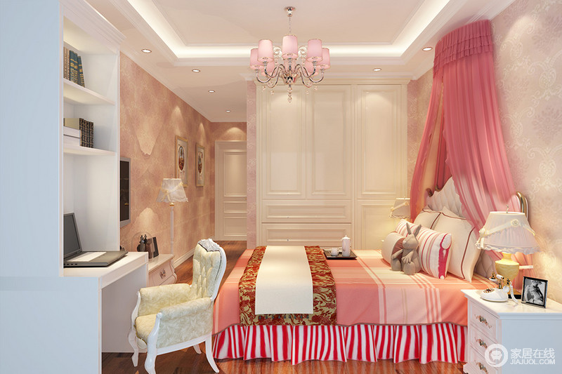 最容易体现少女风的粉红色，用于条纹布艺、梦幻床帏及印花壁纸上，彰显出公主情调。搭配白色的家具，在干净、清新中，营造出甜蜜氛围的休憩环境。