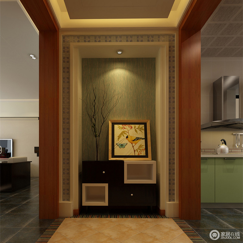 玄关连接着客厅和厨房，通过垭口划分区域空间。地板以朴质的复古黄饰以马赛克花边，与背景墙的层层叠叠相得益彰。枯枝、花鸟画与造型独特的边几柜，演绎出田野自然的情调。