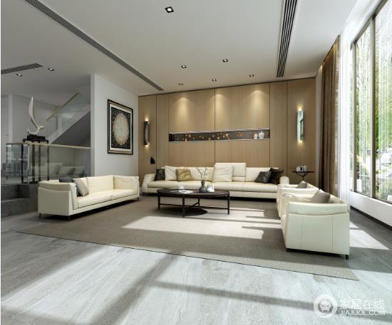 客厅以象牙白为主色调，借木色和驼灰色来调和空间的稳重；米白色沙发形成一种方形，实木圆几、壁灯与之营造和暖，同时点缀出现代大气。