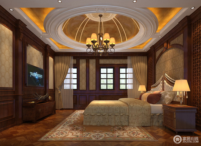 空间虽然以褐色为主调，但是穹顶豪华而别致，土黄色的光晕照耀着整个卧室，充满了暖感；中性色调的软装饰品将卧室衬托得质朴而舒适。