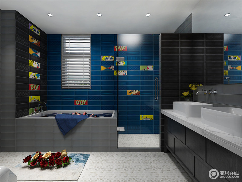 卫浴空间利用墨蓝色的砖墙，饰以漫画贴纸的点缀，制造了沐浴时的趣味环境氛围。盥洗台与地板上黑白分明的交叠搭配，演绎了空间别致冷峻的时尚。