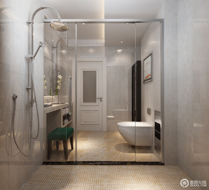 卫浴间虽然面积不大，但是设计师通过大地色系的不同地砖营造出一个富有变化的空间；并通过玻璃将淋浴房和盥洗区分隔开，通透而明快，凝练而实用，现代而温馨。