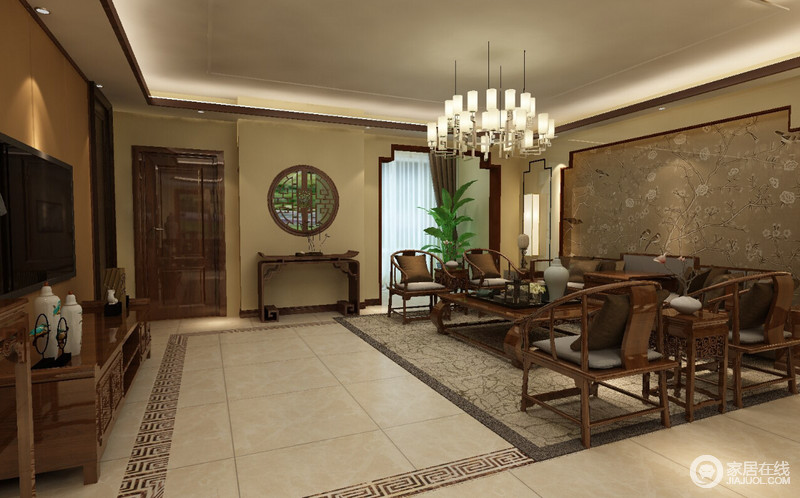 客厅中抛釉地砖与中式家具完美搭配，凸显中式韵律，整体色调典雅温和，满足业主想要营造的舒适温馨家庭氛围。