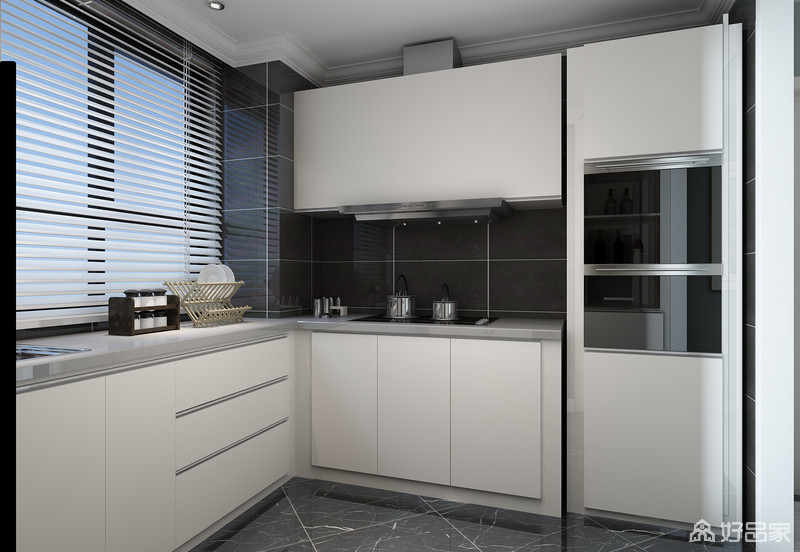 高冷色的厨房,使用经典黑白配.
