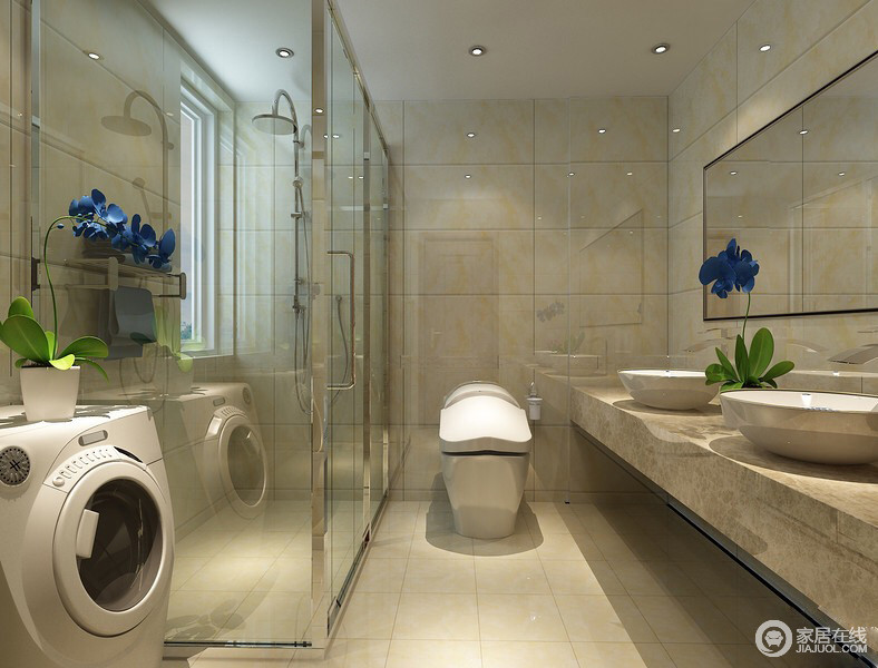 浅米色的大理石瓷砖铺陈了整个卫浴空间，材质与色调的刚柔并济，利落简约的展现，使得空间整洁明快温馨。