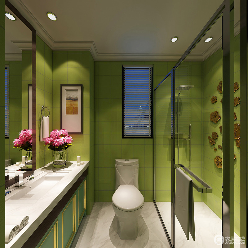 设计师不但大胆的把红色运用在卫浴空间，把清爽的草绿色也铺贴到卫生间，带来完全爽质的氛围。玻璃材质分离出干湿区，在淋浴区设计师更是张贴了金属材质花朵，营造沐浴时情调。