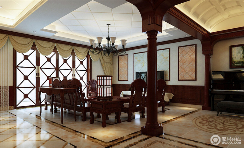 客厅是传统与现代居室风格，部分欧式元素的碰撞。