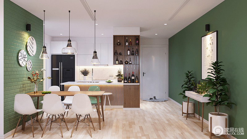 开放的设计使用颜色,让它更容易从一个空间到另一个流——客厅餐厅厨房。完美的娱乐和家庭,常需要空间之间移动。