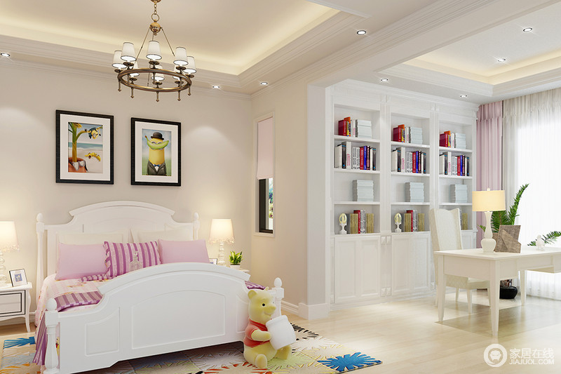 经典的白色书架与空间中的整体家具相映衬，充盈而开放式的打造了一个优雅与文艺，张扬而活泼的儿童房。