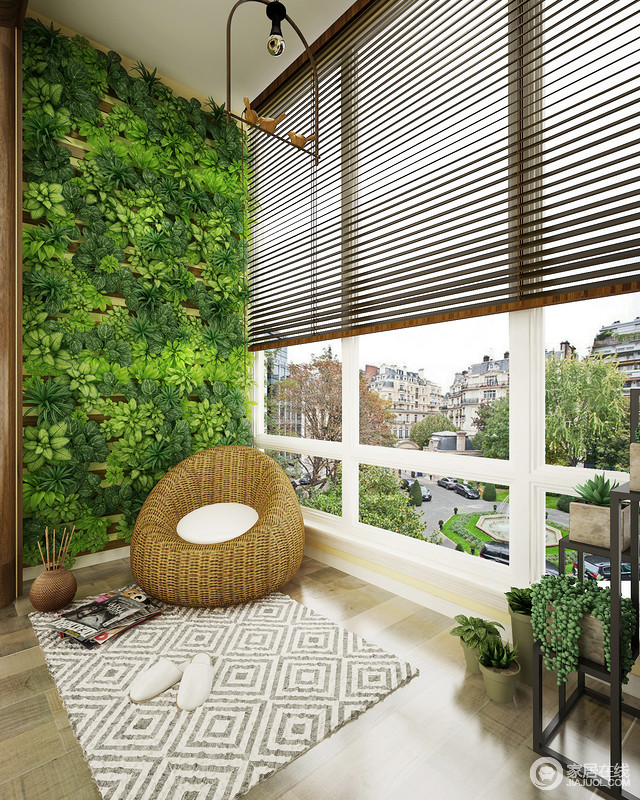 左侧设计成绿植墙，植物墙是一个小型生态系统，它可以根据业主需要结合气候、温度、湿度、色彩等综合条件选配四季。