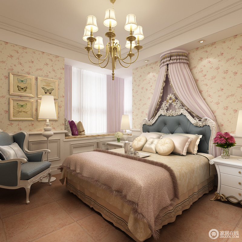 卧室中散漫着自然风尚，圆顶柔粉色帘幔与米黄色床搭配出唯美的公主风，浪漫的飘窗设计增加了独特的效果，令卧室美不胜收。