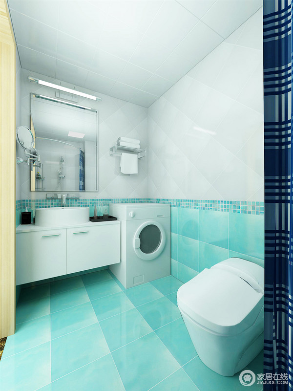 卫浴间营造了一个海天一色，清灵隽永，除了将实用性纳为首要设计目的外，空间的质感也是不容小觑的；从镜饰、白色盥洗台都彰显着设计的未来感和现代感。