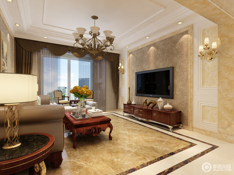 欧式客厅因为米色和咖色的运用，十分具有条理感；通过石材打造的空间除了硬朗之外，更多了份欧式的复古，随着欧式灯具和家具的搭配，为生活简单华丽之风。