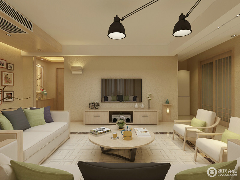 暖黄色的空间里，中式的元素经过改良以现代的手法彰显，结合柔软布艺材质，使客厅透着温馨恬淡的韵味。灰、绿色的靠包点缀在木色灰白沙发上，显得清新舒雅。