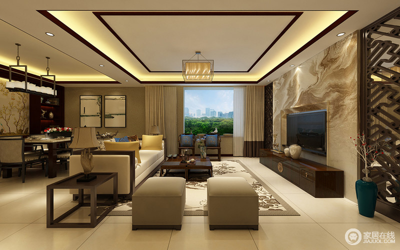 客厅中选用中性色调的沙发与棕色木茶几和中国画的乳白色地毯，呈现出一派新中式的现代古韵。