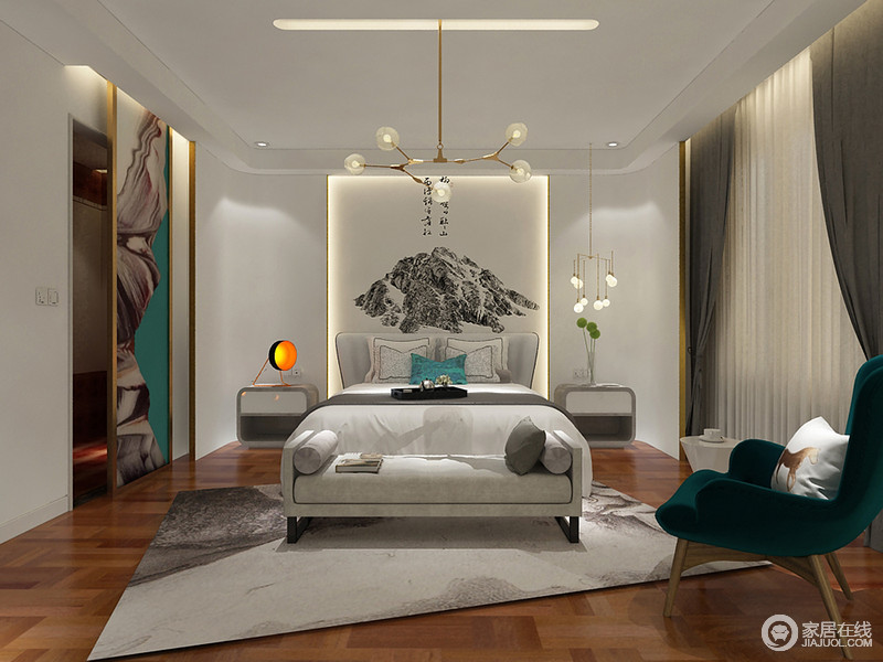 卧室中悬挂了简易中式素描画，山脉绵延让空间更显大气；浅灰色的家具将低调的优雅娓娓道来，舒适怡人。