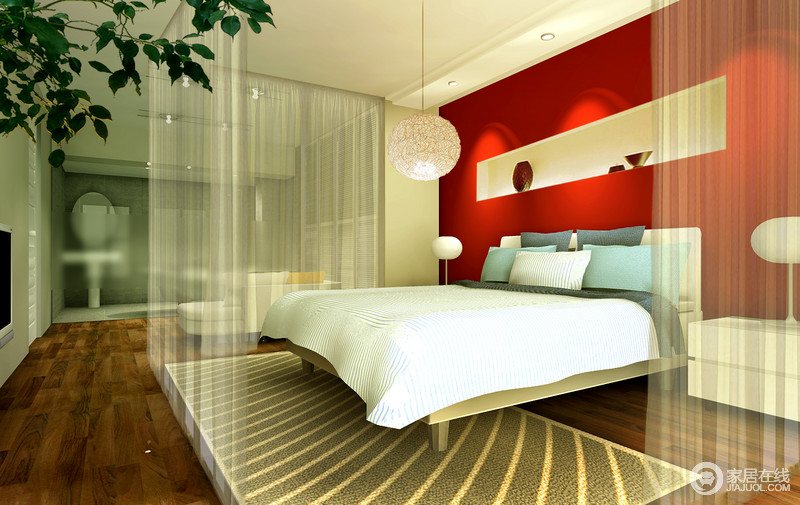 现代感的卧室保留了原始的空旷感，红色立面专门格出展陈台将中式陶艺品罗列在上，空间中统一选用圆形灯具，不仅起到锐化空间的效果，而且增强了空间的时尚度。