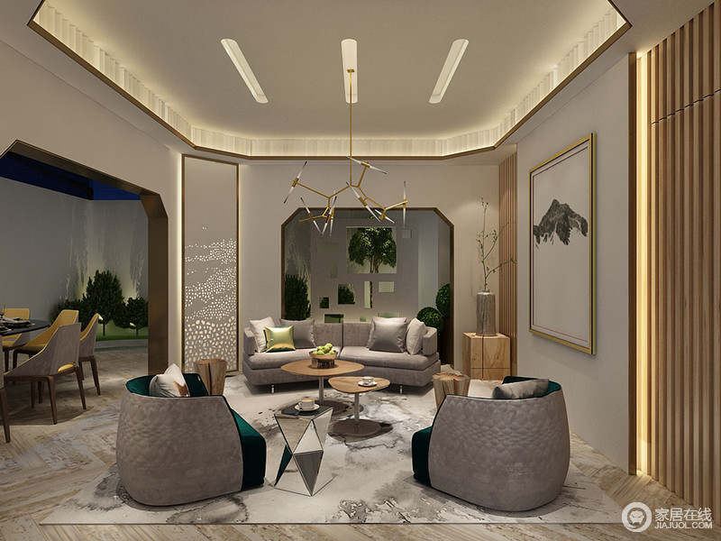 客厅被划定在一个方正的空间，并且可通往其他区域，灰色沙发及造型别致优雅的小边柜重生出新的设计意义；金属焊接而成的条形吊灯奇特中点亮空间的时尚之风。