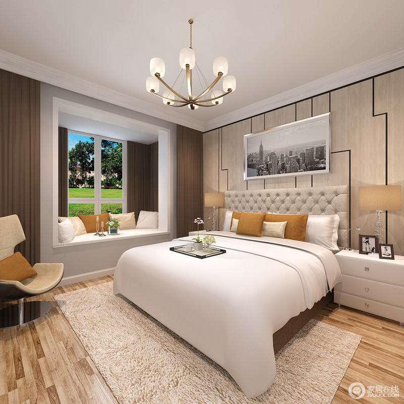 卧室用色清新而舒适，空间设计的十分合理、简洁，地面与立面统一采用木色，就是为了迎合白色家具和床品，力求自然为尚，让人想在这个简约的空间里静下心来享受时光。