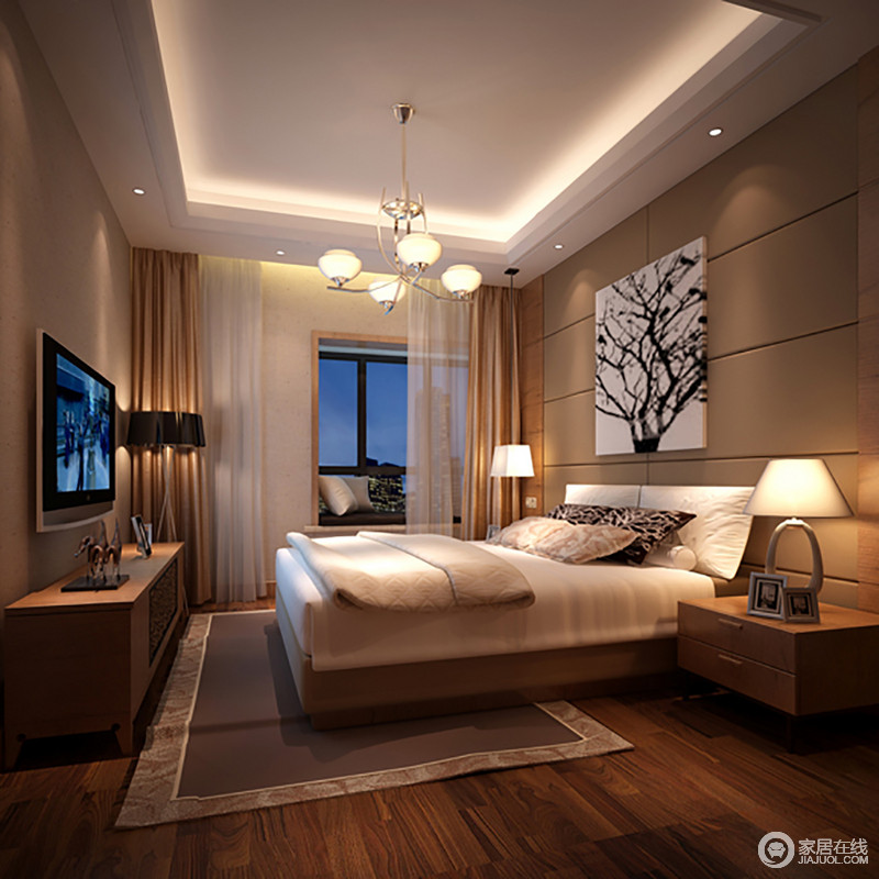 卧室地面采用条纹木质地板简约时尚，简约却质感上乘的床品带来舒适的睡眠质量，这就是卧室的重中之重。