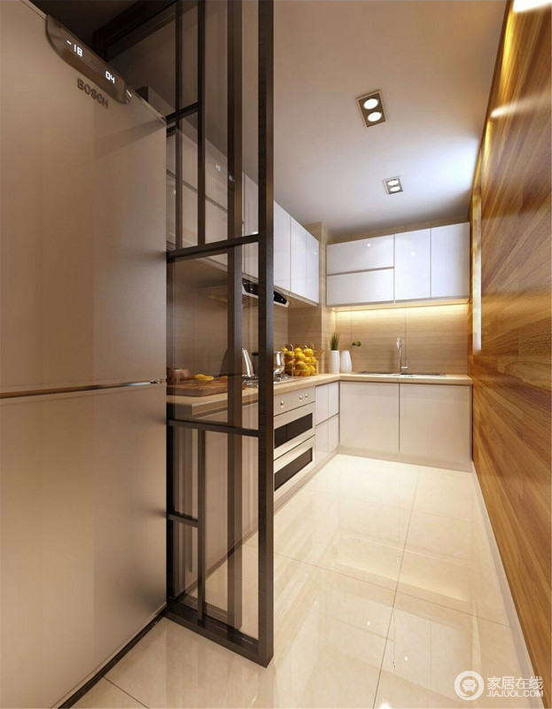 厨房木纹立面自然而饱满与白色橱柜构成朴拙，调染出大地般的粗犷；推拉玻璃门简单地将厨房进行分区，让视线更为舒适。