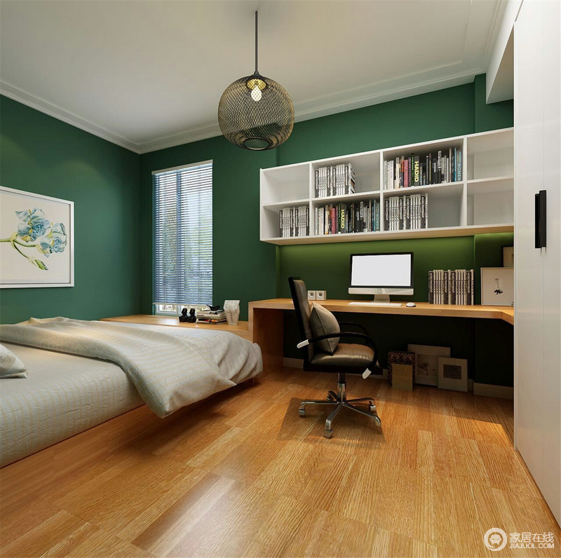卧室中绿幽幽的墙面延续着设计主题，笼形吊灯与之形成乡村之风，十分朴实；床头与书桌连为一体，并与地板色泽统一，满是暖意。