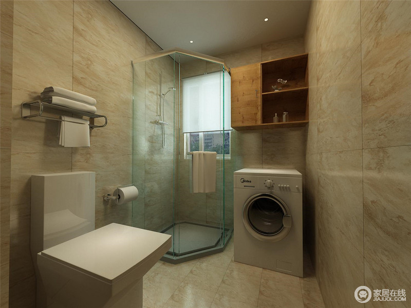 卫生间巧妙地利用转角空间，将其打造为一个淋浴区，以干湿分区让生活更为舒适、实用；设计师统一了空间的用砖比例，以有序的排列构建朴素中的几何，简洁之中更利落。