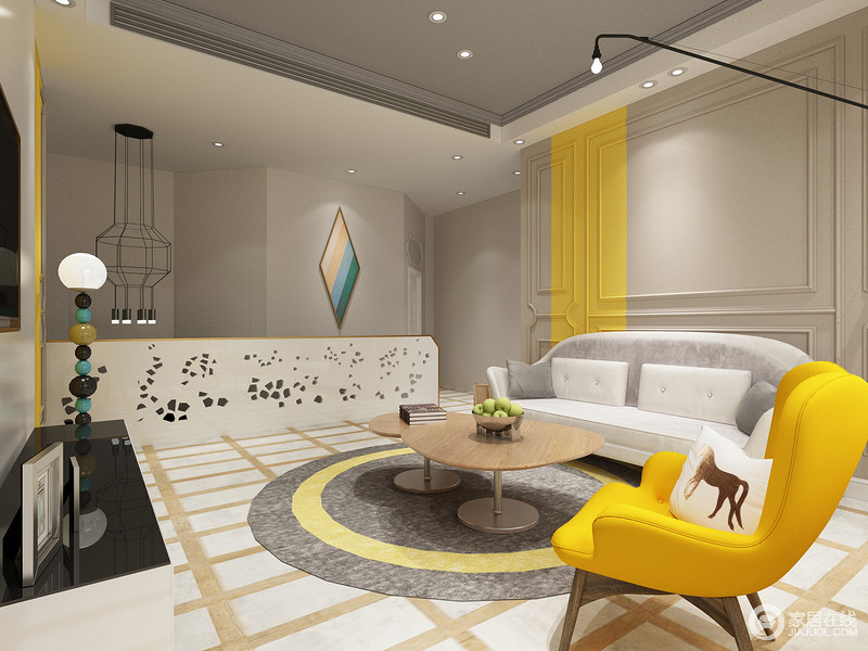 客厅中灰白的墙面带来沉静与冷冽，明黄色单人椅与俏皮的圆形灰地毯融合于空间，与那些简单却独特的线条塑造出并不单调的空间。