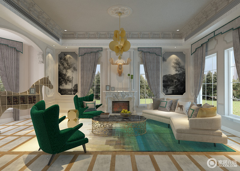 客厅的壁纸选用灰白色调的风景图案，凯利绿色椅子作为点缀，可以弱化灰色调居室的硬朗气质，既带来一抹活泼动人的绿意，又营造出双重优雅的生活气息。