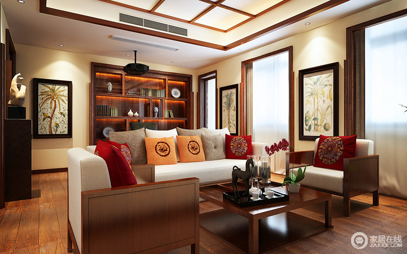 客厅并没有作单一性设计，而是将书柜嵌入墙体，增加空间的功能性和文艺气息；米色漆与原木地板简单却让空间洋溢着和暖，新中式实木沙发，因为红色和黄色的靠垫，多了色彩之余，更张扬中式时尚，茶几的木楞设计简雅大气，满是古韵新美。