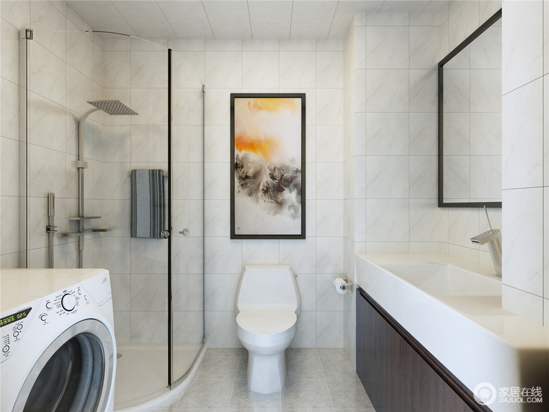 白色调的卫浴间通过干湿分区来满足不同的生活需求，并以设计让生活更为舒适、实用；流畅的设计毫不拖沓，与简约的盥洗台构成现代风，抽象的画作点缀出艺术之韵，带来些许雅意。