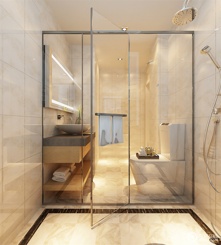 玻璃门有效分隔了洗浴和卫浴，做到干湿分离。玻璃透明的材质，使得空间上通透明亮，搭配淡黄色大理石营造出洁净温馨低奢的空间氛围。