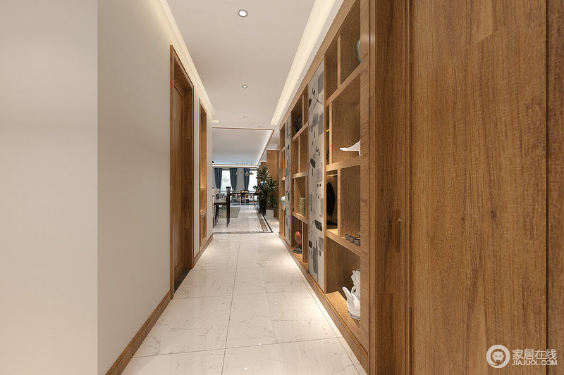 走廊中通过木质格子柜来增强空间的收纳功能，保证了储物空间的力度，令生活愈加舒适和便捷。