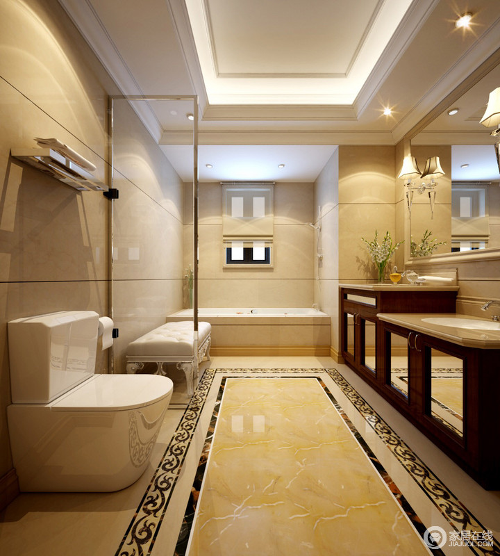乳色调的砖石铺贴了一个大气的卫浴间，盥洗台和收纳柜合二为一，实用就是致尚的法宝。