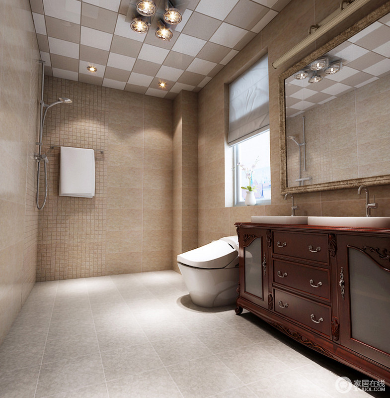 利用仿古砖烘托出古朴素雅的卫浴空间，中式盥洗台少了轻飘之意，更显出空间的庄重和大气。