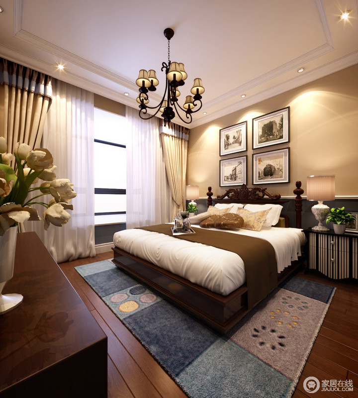 卧室中设计师将各式家具进行随性的混搭，将实用和舒适作为焦点，令中性调的空间十分大气；几何蓝色系地毯带来清幽和精彩，令卧室一改沉闷，多了些许时髦。
