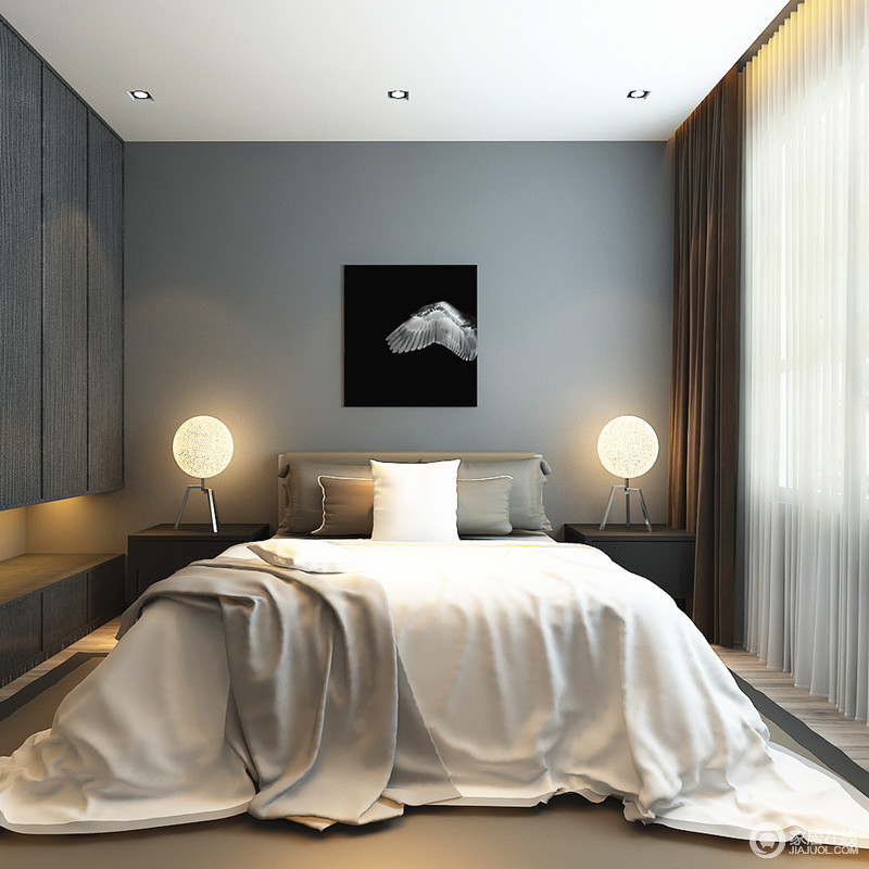 优雅地灰色与纯净地白色契合出一个简约也动感的空间；圆形简约小台灯可爱不乏时尚，烘托着卧室藏不住地时尚。