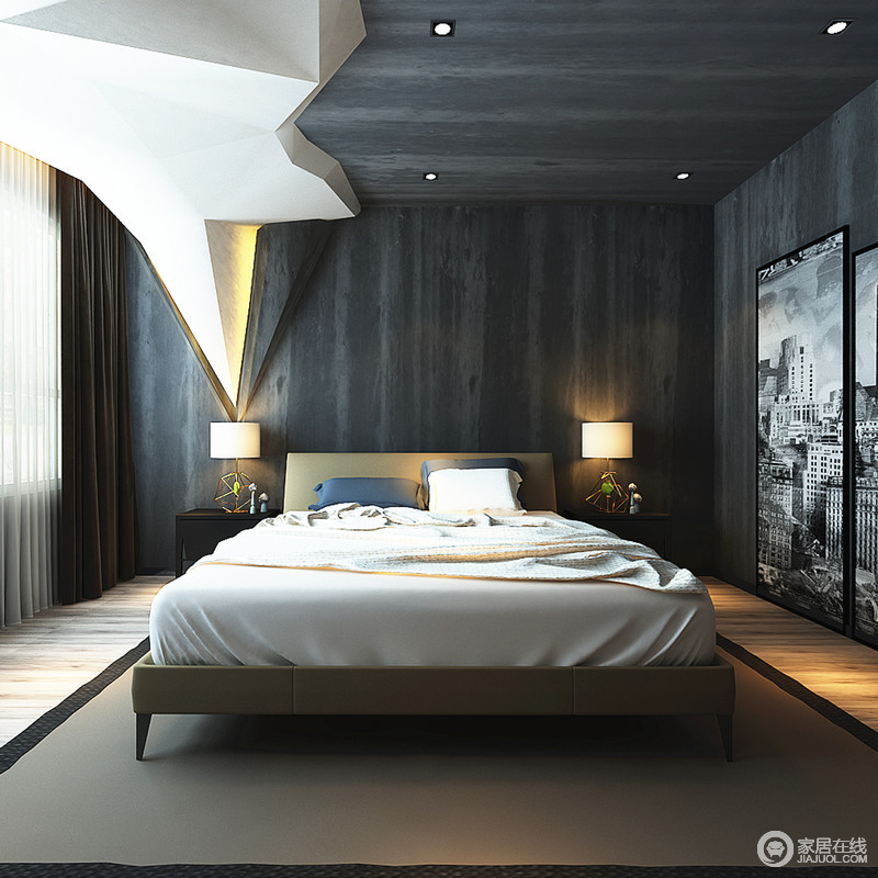 黑色吊灯沉默深幽，个性的白色造型让卧室不再简单；对视的两盏台灯让卧室显得庄严而整洁，是一个平息沉淀的安宁空间。