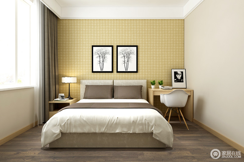 浅黄色的格子壁纸氲出明快活泼的气氛，充满质感的简约原木床头柜和书桌，节省空间。莹白床品上咖色靠包和床旗，与地板色系相近，增添空间的宁静感。