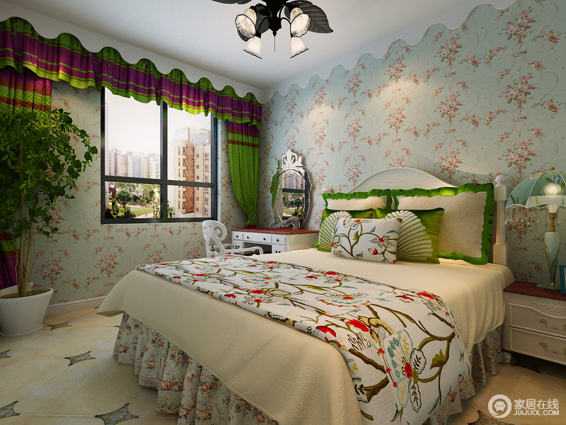 绿色花卉壁纸是这个空间中最清新的装饰，为了与设计概念统一，选用白色为底的花卉床品，让青葱缀满整个卧室，清凉舒心。